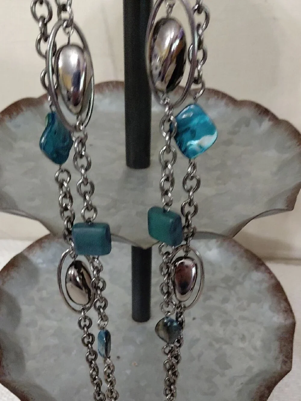 Long Silver Chain Necklace with Teal Beads